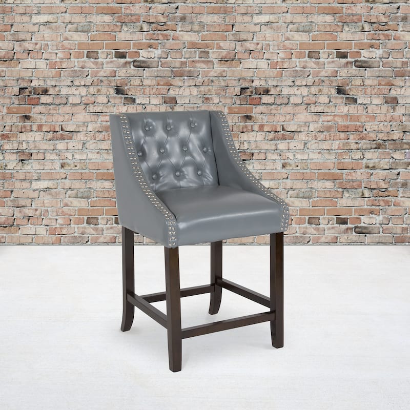 Transitional Tufted Upholstered/Walnut Finish Counter Stool (Set of 2) - Light Grey Leather