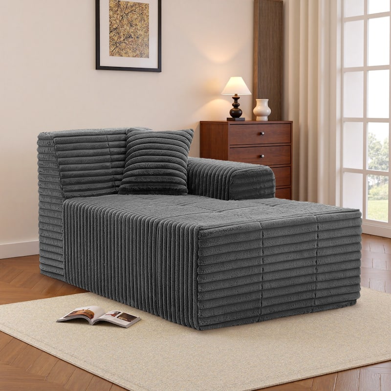 Corduroy Oversized Low-back Modular Loveseat Chaise with Pillow - Grey-Chaise - Right Facing
