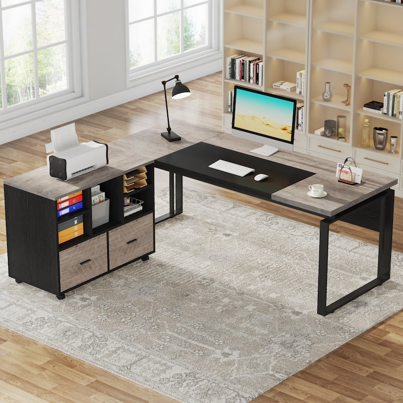 63" L-Shaped Corner Executive Computer Desk and Rolling File Cabinet Set for Home Office