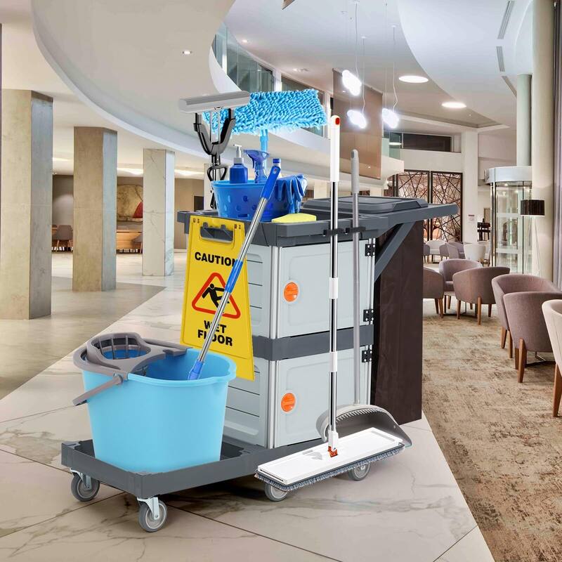 Commercial Janitorial Cart with Cabinet, 3-ply Multi-Purpose Engineered Plastic Housekeeping Car