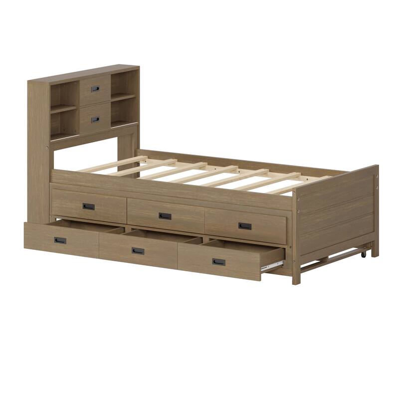 Full/Twin Size Captain Bed with Storage Bookcase Headboard,Captain bed with Trundle and Three Storage Drawer