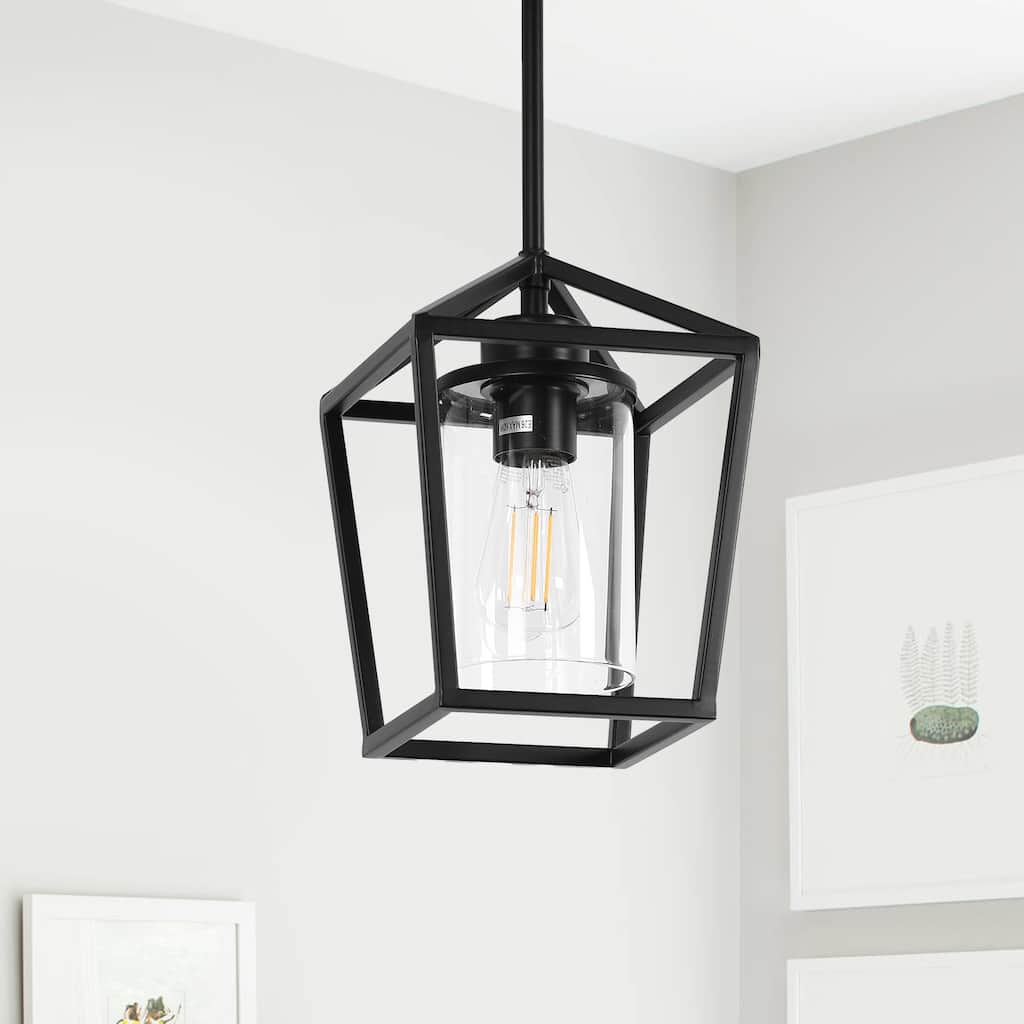 Single-Head American-Style Pendant Light with Clear Glass Shade, Black Metal Finish, E26 Base, Bulb Not Included - 7*7*9.8