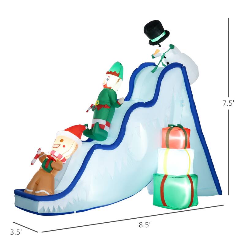 HOMCOM 8.5FT Long Christmas Inflatable Snowman, Elf and Gingerbread Man on Ski Slope, Blow-Up Outdoor LED