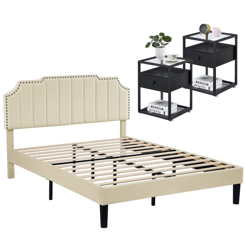 Bedroom Sets, 15 Style Options, 3-pieces Bedroom Set with Height Adjustable Upholstered Bed and Nightstands Set of 2-VECELO