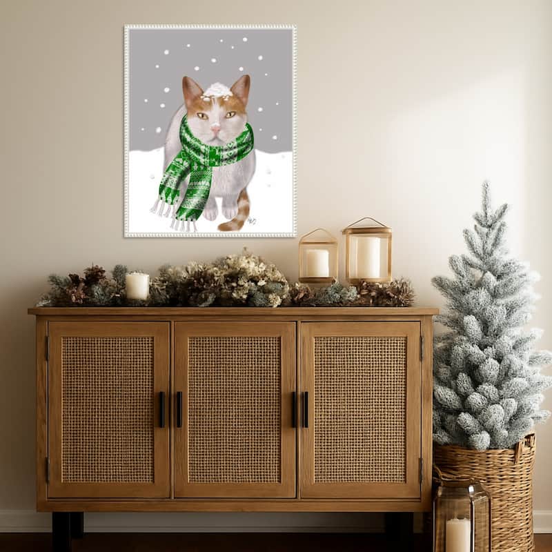 White Cat Green Scarf by Fab Funky (23 x 28 in.), Framed Canvas Wall Art Print - Sylvie Beaded White