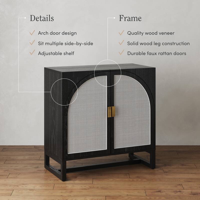 Paxton Boho Wood Storage Cabinet with Doors, Small Storage Cabinet or TV Stand with Rattan Door Details