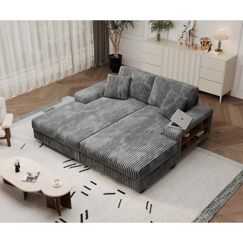 79.5" Corduroy Sectional Sofa Sleeper Sofa, Convertible Double Chaise Lounges Couch - Dark Gray