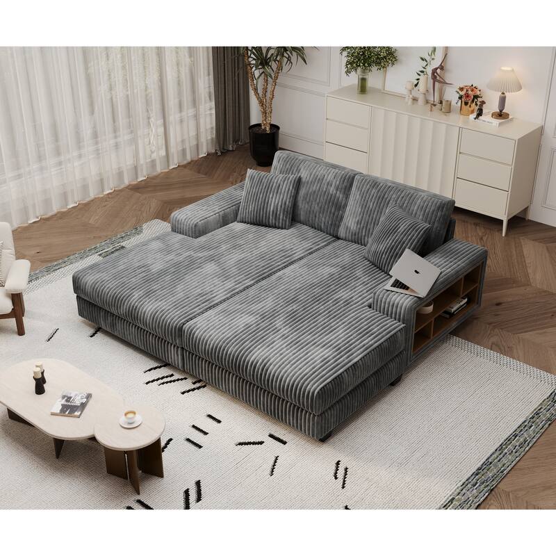 Corduroy Fabric Convertible Sleeper Sofa with Side Shelves