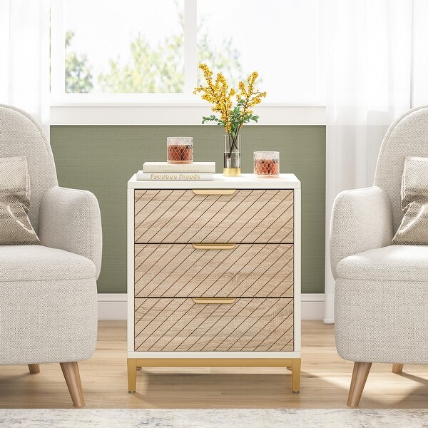 Night Stands for Bedrooms 3 Drawers White and Gold Light Wood Grain Nightstands Bedside Table Size 3 Drawer