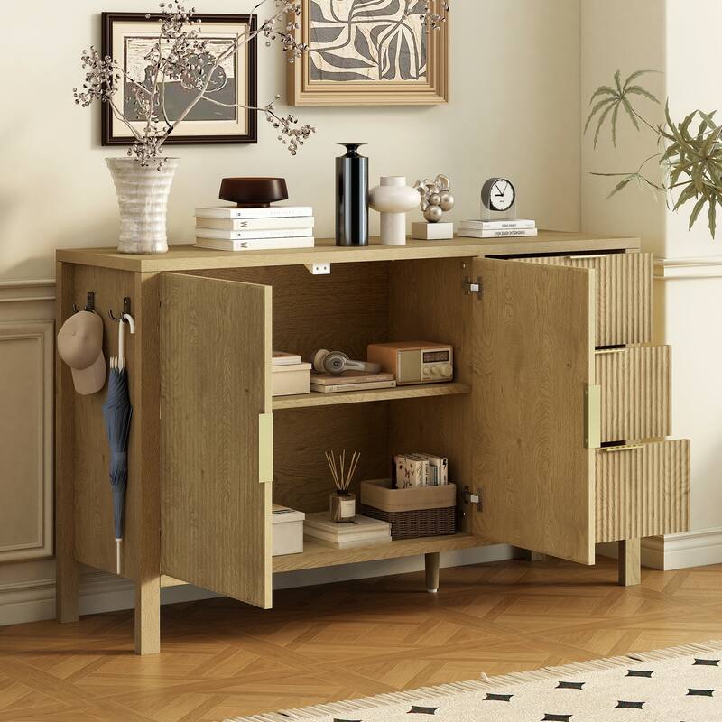 Anmytek Modern Wave Pattern Sideboard Buffet Cabinet with 3 Drawers Hooks Large Storage for Living Room Entryway