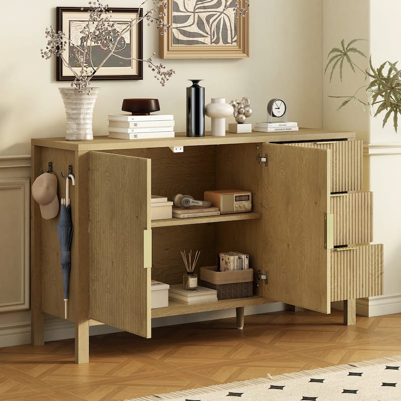 Roomfitters Sideboard Buffet Cabinet with 3 Drawers, 2 Door Mid-century Fluted Accent Storage for Kitchen & Dining
