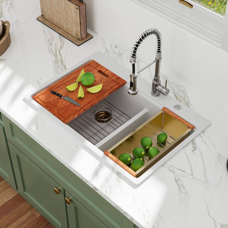 Lordear 33" Kitchen Sink Double Bowl Drop In Workstation Low Divider Quartz Composite Sink - 22 in.W x 33 in.D x 9.65 in.H