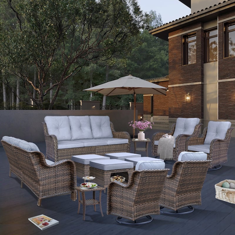 12 Piece Outdoor Wicker Patio Furniture Seating Set with Swivel Chairs