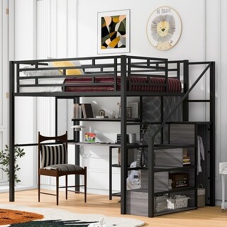 Full Size Metal Loft Bed with Wardrobe, Desk, Storage Shelves & Stairs, Space-Saving Design with Guardrails for Kids, Black