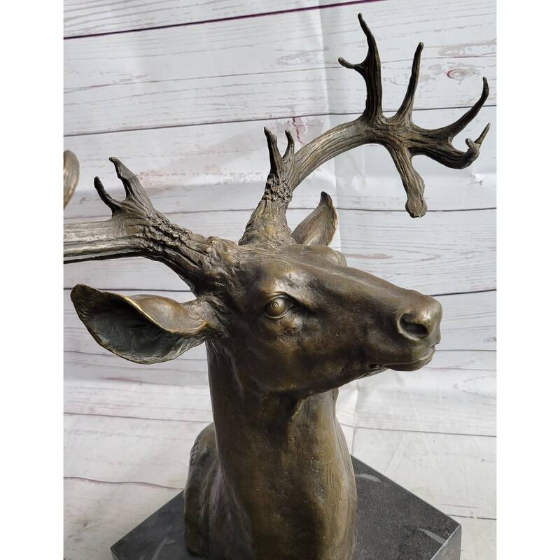 Elk Deer Reindeer Head Bronze Bust Sculpture Statue On Marble Base Lodge Cabin Decor