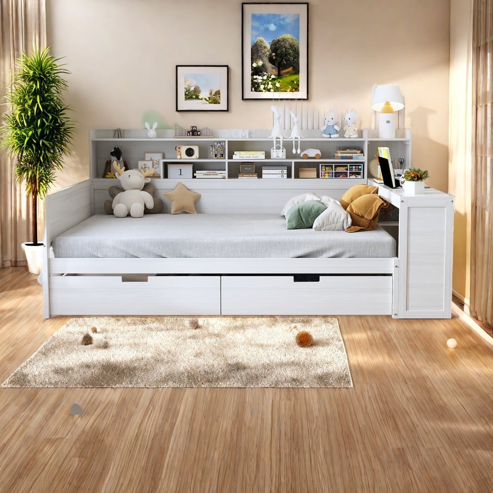 Full Size Daybed with Study Desk - Space-Saving Design with Built-In Workstation, 2 Storage Drawers and Side Shelves