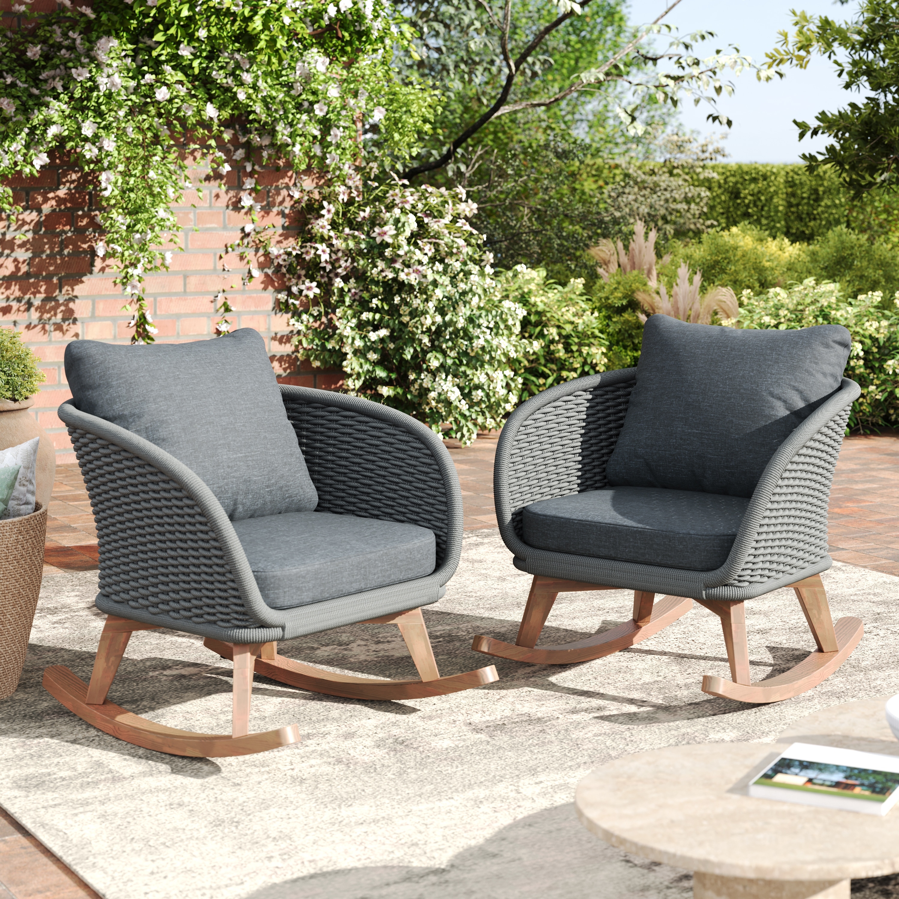 [Set of 2] 29.5" Contemporary Gray Wicker Rocking Chair Polyester Cushions Wooden Frame Indoor Outdoor