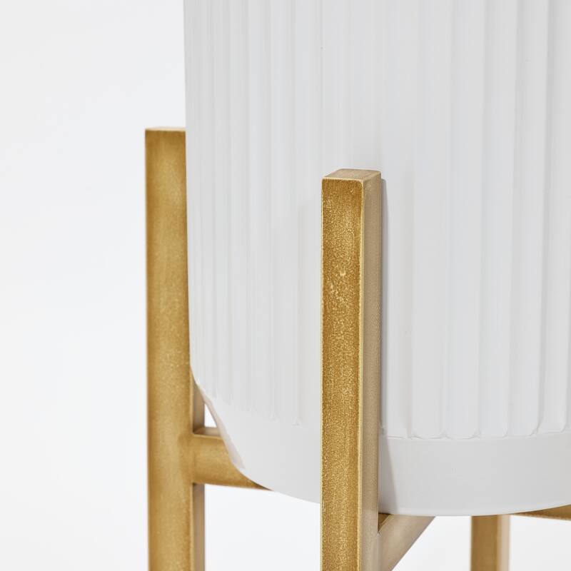 2-Pc Textured Round White Metal Cachepot Planters with Gold Stands