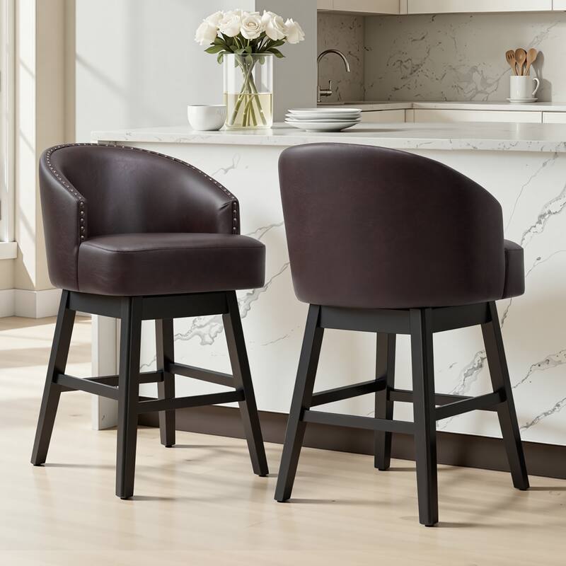26.4''/31.9"H Faux Leather Upholstered Solid Wood Swivel Bar Stools / Counter Stools - Set of 2 - 26.6''Coffee - Counter Height
