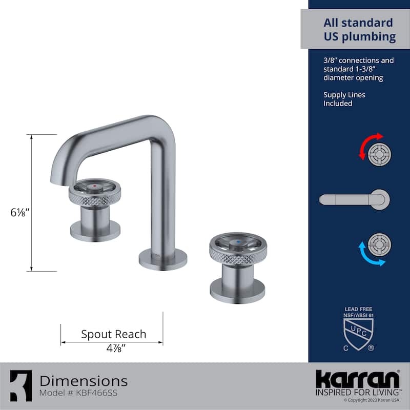 Karran Tryst KBF466 Wheel 2-Handle Three Hole Widespread Bathroom Faucet with Matching Pop-up Drain