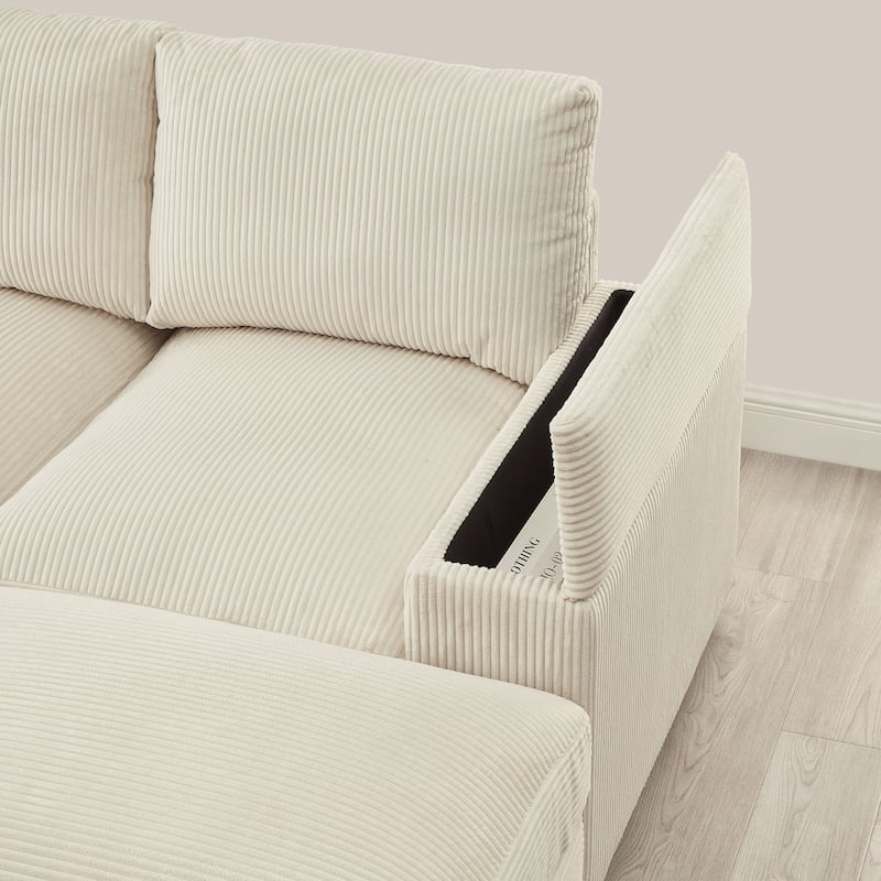 Modern U Shaped Sectional Sofa with Corduroy Upholstery and Armrest Storage for Living Rooms or Apartments