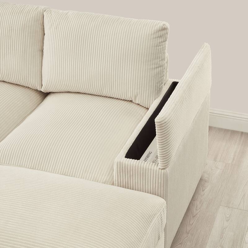 U-Shaped Sectional Sofa with 2 Movable Ottomans, Comfy Corduroy Upholstered 4 Seater Sofa, Lounge Sofa with Storage Armrests
