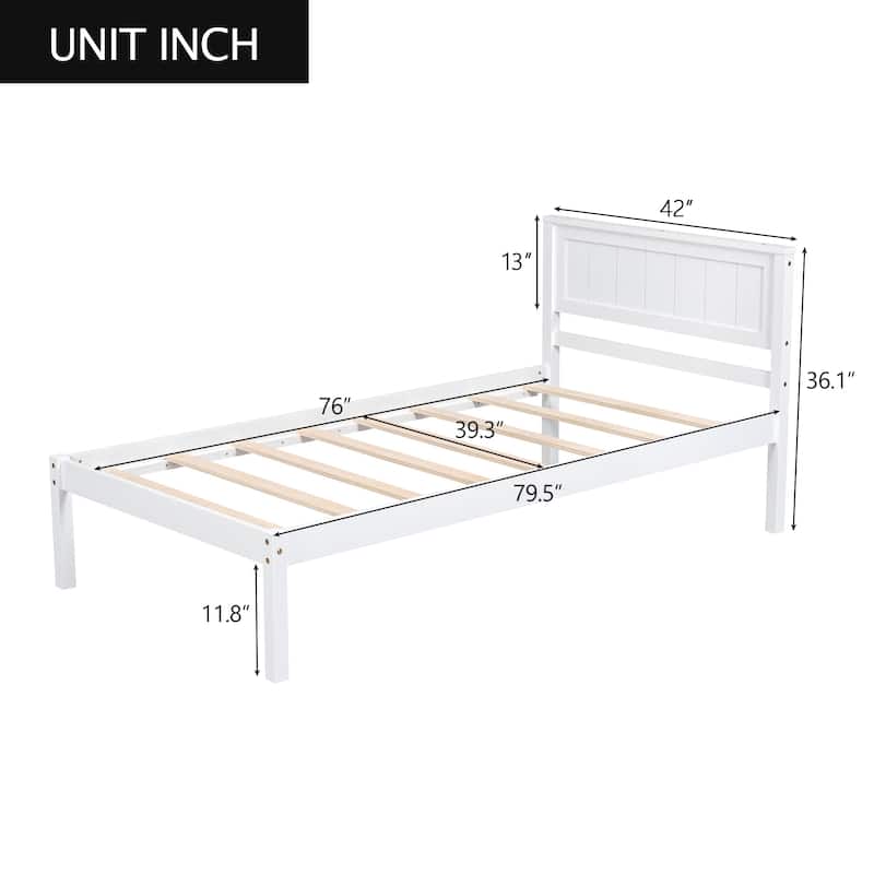 Twin Platform Bed Frame with Headboard, Wood Slat Support, No Box Spring Needed, White