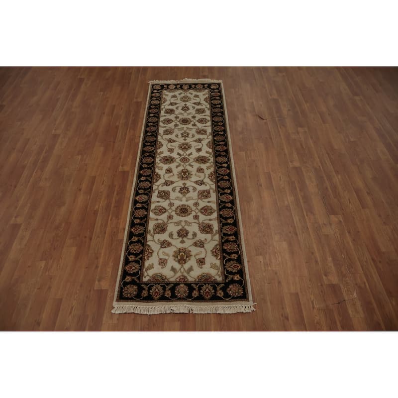 Hand Knotted Oriental Wool & Silk Carpet Traditional Floral Beige & Ivories Agra Runner Rug - 8' 0'' X 2' 6''