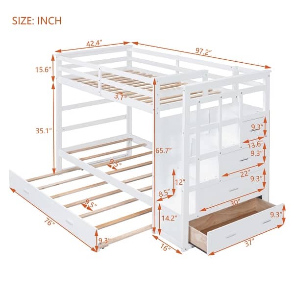 Twin Over Twin Wood Bunk Bed with Trundle and Staircase, White