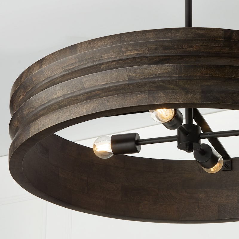 30" W x 18" H 4-Light Chandelier in Matte Black and Handcrafted Mango Wood in Espresso Stain - 30"W x 6"H