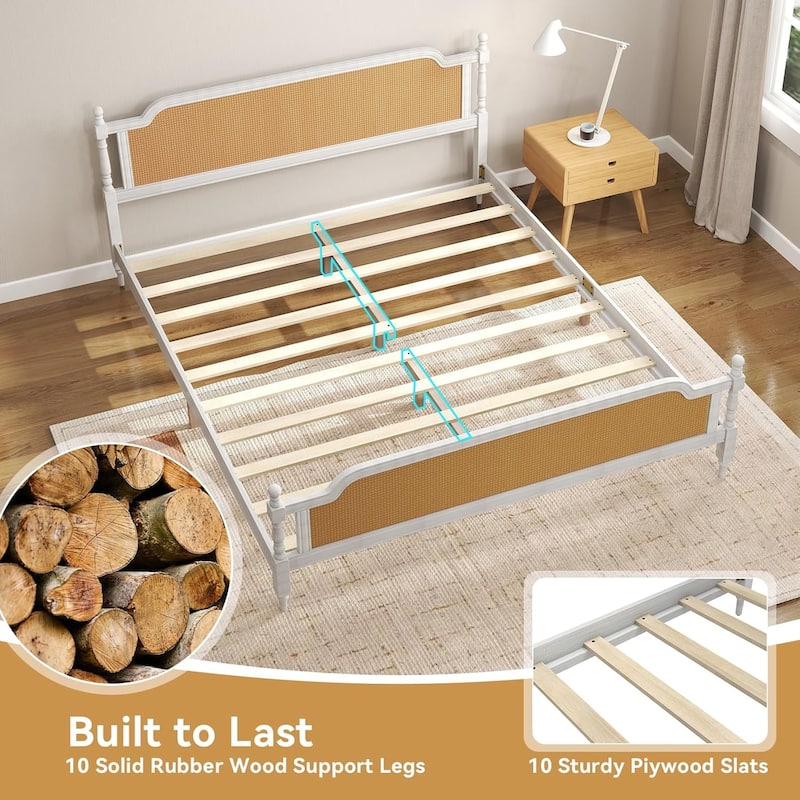 Rattan King Size Platform Bed Frame - Handwoven Rattan Headboard and Footboard, Solid Pine Wood, No Box Spring Needed , Walnut