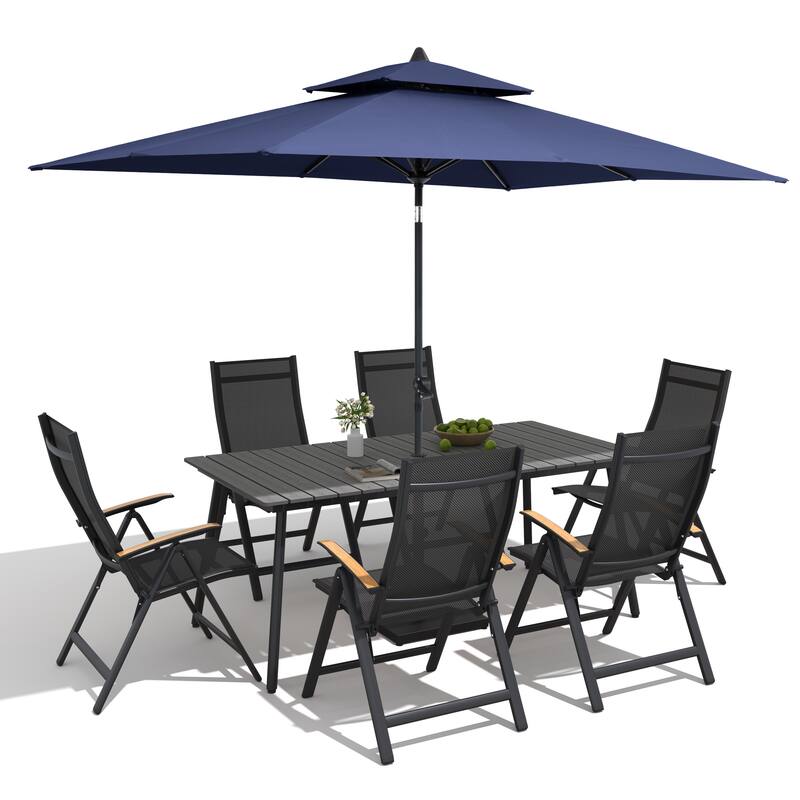 9/11-Piece Outdoor Aluminum Patio Dining Set w/10 ft Umbrella and Base, Rectangle Table and Folding Chairs