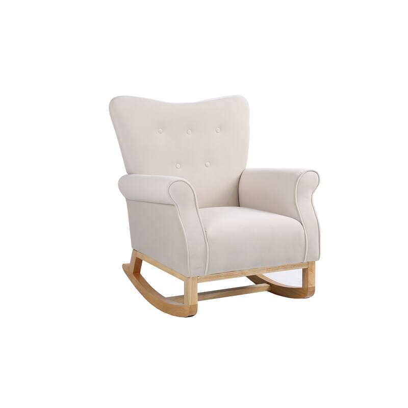 High Back Rocking Chair Beige Nursery Chair Fabric Padded Rocker Modern High Back Armchair with Curved Legs - Beige