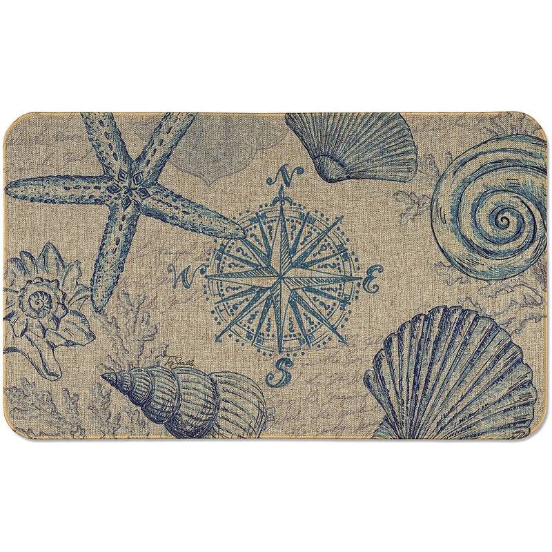 Natural Linen Look Decorative Low Profile Indoor/Outdoor Floor Mat with Recycled Rubber Back, Coastal Sketch, 29.5" x 17.75".