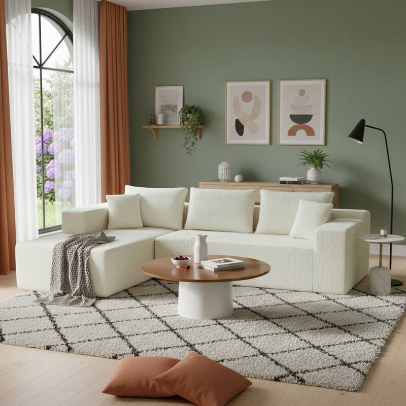 103.5" L-Shaped Modern High-Density Sponge Lambswool Upholstered Modular Sectional Sofa with Pillows