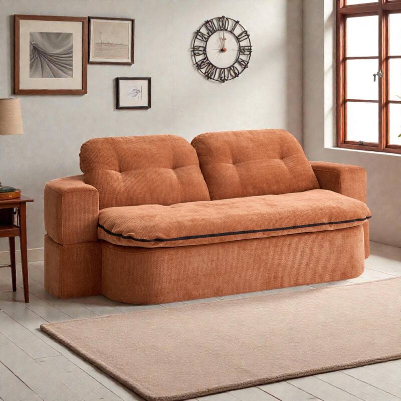 Modern Convertible Floor Sofa Bed with Pillows, Corduroy Foldable Sleeper Sofa Mattress with Built-In Quilt, No Assembly - Brown