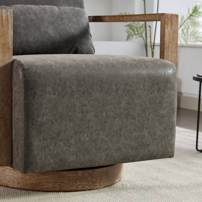 PU Leather Swivel Arm Chairs with Solid Wood Armrests