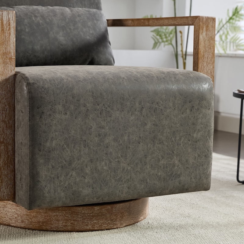 PU Leather Swivel Chair with Wood Armrests