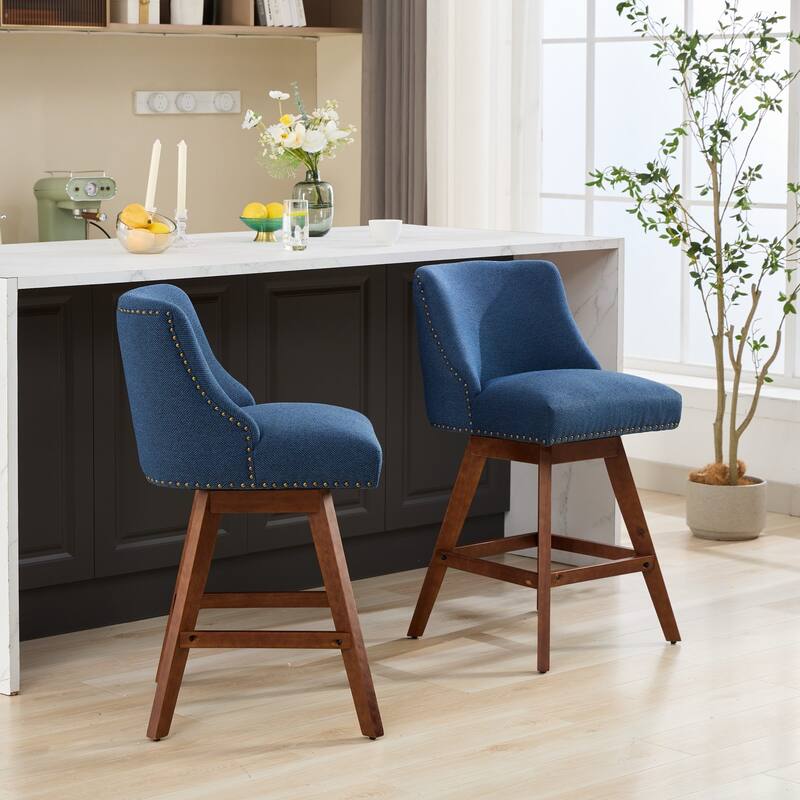 Counter Height Bar Stools Set of 2, Swivel Bar Stools with Curved Back, Upholstered Dining Chairs with Solid Wood Legs