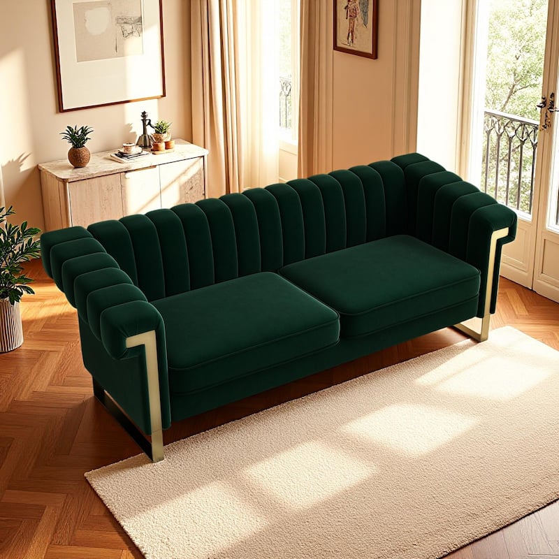 Leisure Sofa with Stainless Steel Metal Accents, Retro Green Velvet Upholstered Seat with Removable Cushions, Bedroom Loveseat