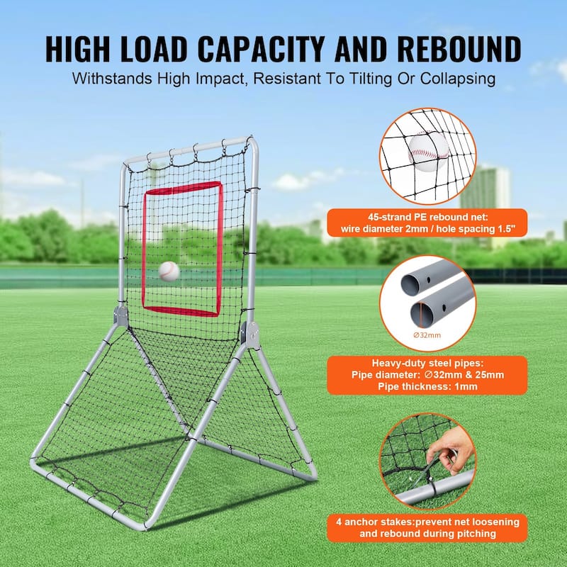 3.5 x 6 Feet Black Baseball and Softball Rebounder Netting with White Steel Frame and 5 Adjustable Angles