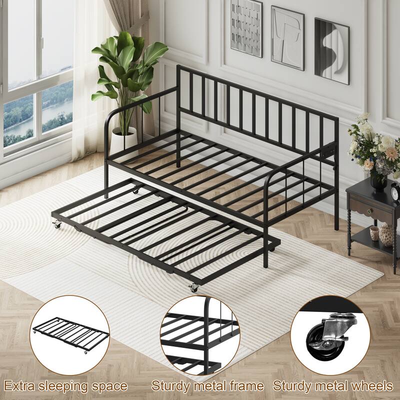 Twin Daybed with Trundle, Metal Trundle Bed, Sofa Bed Frame with Heavy Duty Metal Slats Sppports, Space Saving
