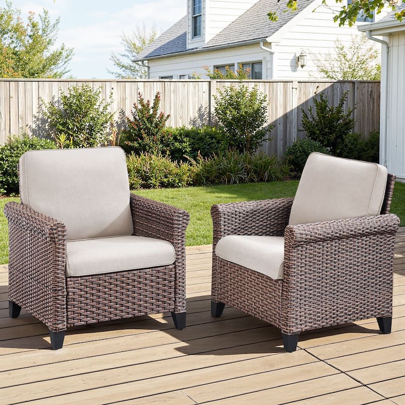 Pocassy Outdoor Sofa with Patio Chairs Funiture Set - 2PCS Patio Chairs - Brown Wicker Blue Cushion