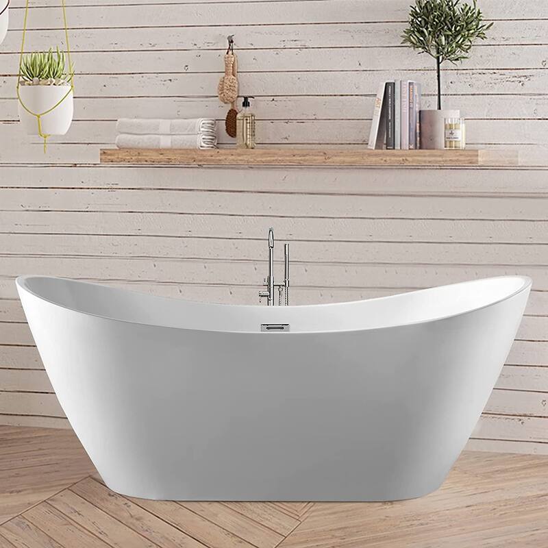 Vanity Art 71-Inch Freestanding Acrylic Bathtub Stand Alone Soaking Tub with Polished Chrome Slotted Overflow & Pop-up Drain