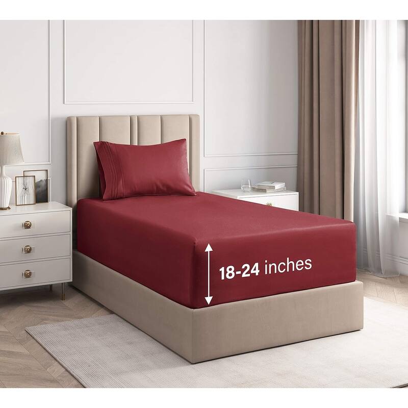CGK Linens 4 Piece 100% Cotton Inch Extra Deep Pocket Bed Sheet Set - Twin - Burgundy