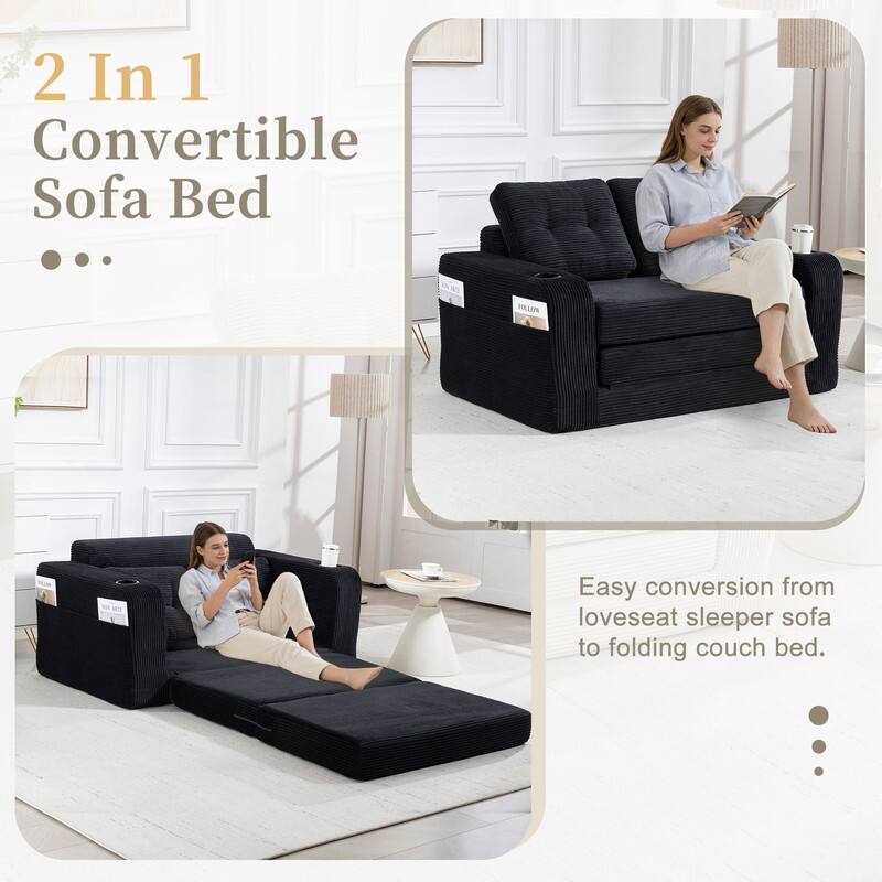 HOMEFUN 2 in 1 Convertible Sofa Bed,Corduroy Upholstered Compressed Sofa Bed for Living Room