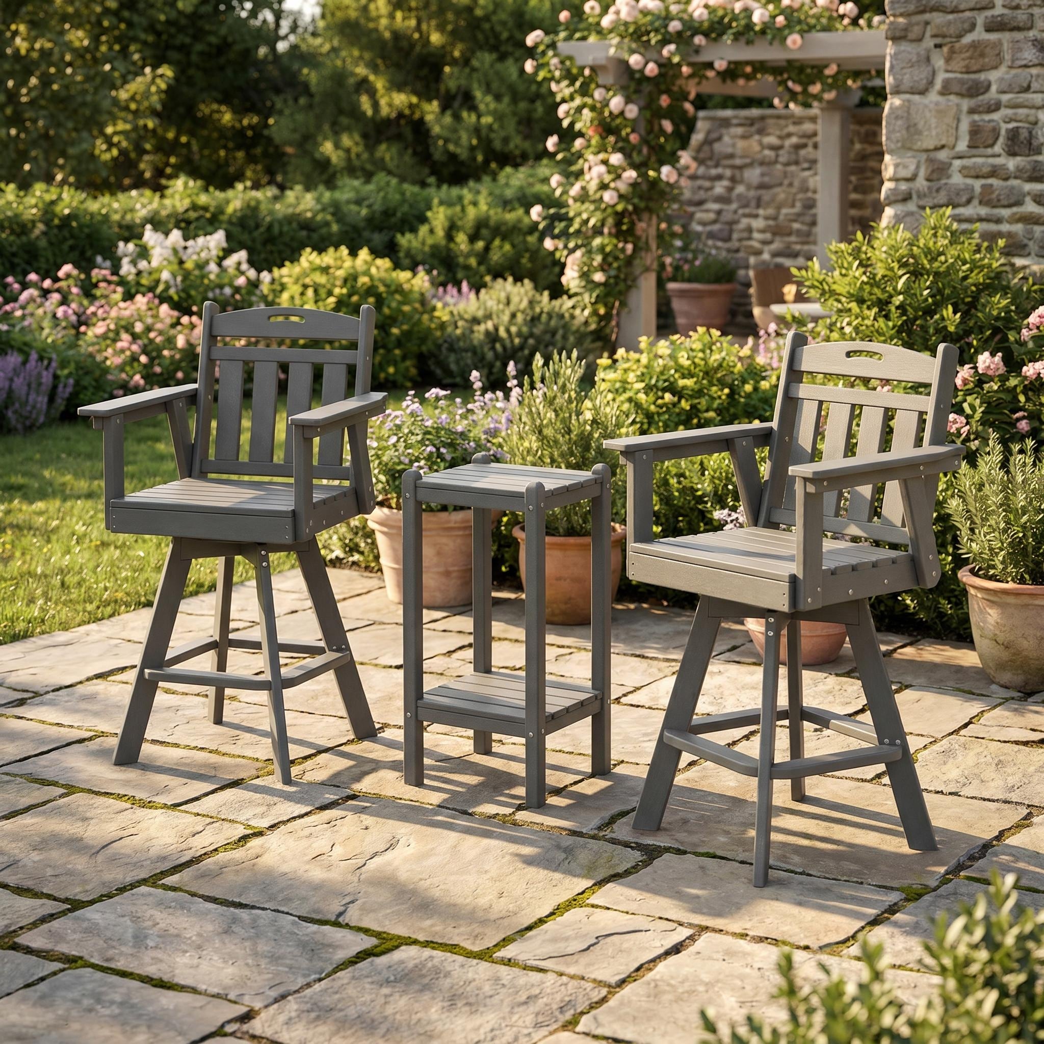Outdoor Patio Bar Set with Bar Chairs and Side Table, HDPE All-Weather Patio Furniture Set, Waterproof Wood-Look Bistro Set