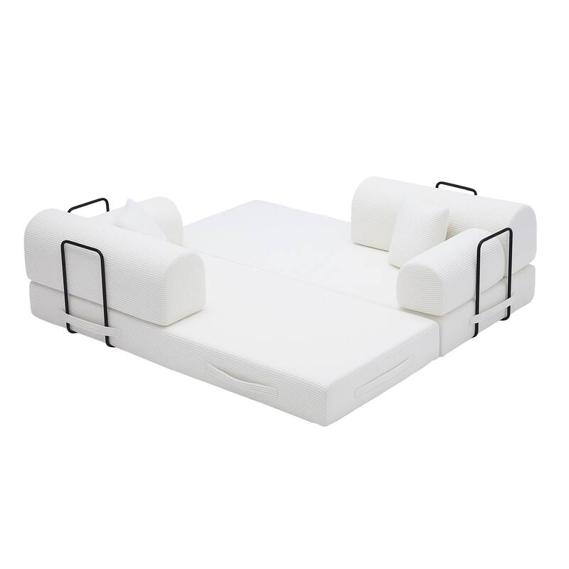 Convertible Sleeper Sofa Bed with Cylindrical Pillow, Corduroy Folding Mattress Couch with Fixed-Shape Frame for Bedroom