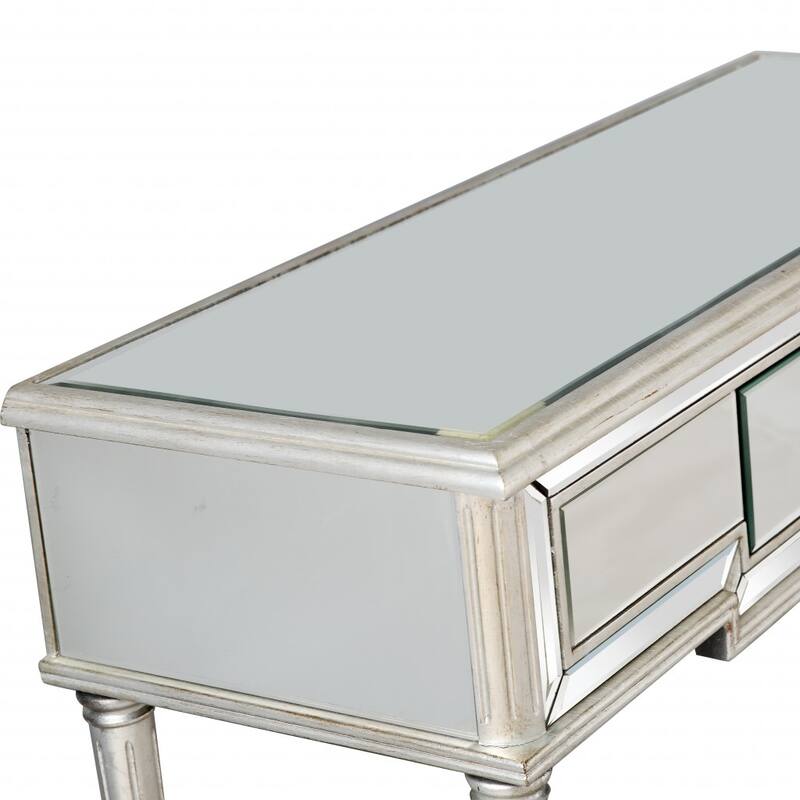 Silver Mirrored Glass Console Table, Antique Finish and 1 Drawer - 48” L x 17.2” W x 33.2” H