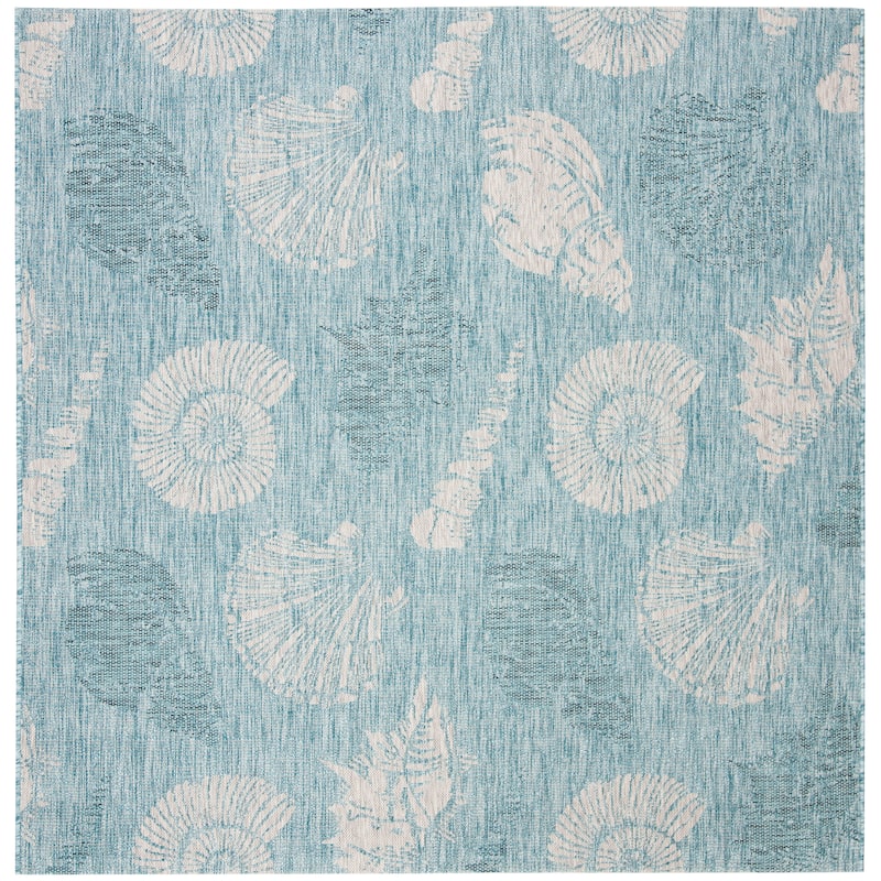 SAFAVIEH Courtyard Clemenza Indoor/ Outdoor Waterproof Patio Backyard Rug - 6'7" Square - Aqua/Cream